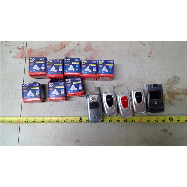 8x Dimmable 50W Bulbs and Old Flip Phones