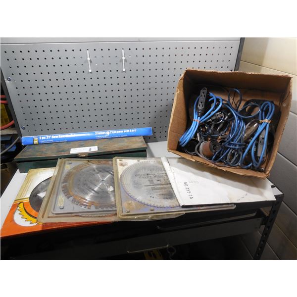 Box of sawblades/ extension cords and miscellaneous