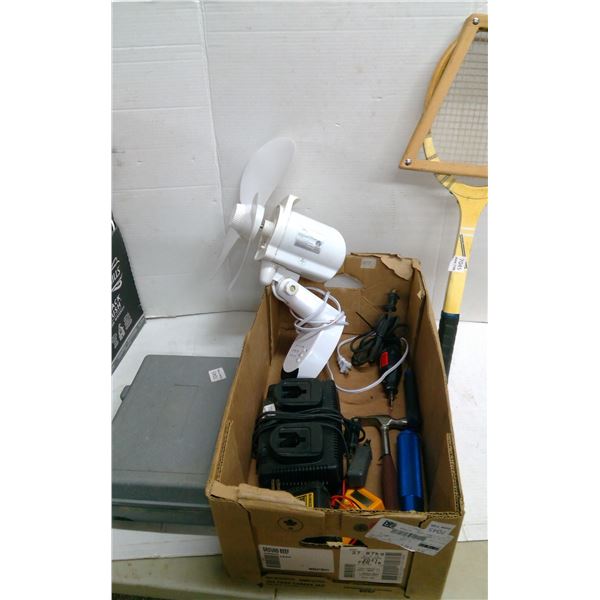 Box of battery chargers, dremals, knives and tools