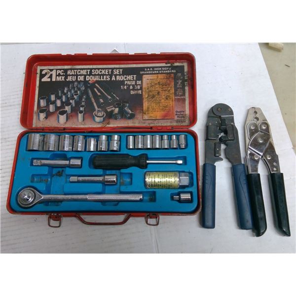 Socket set and two hand tools