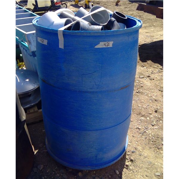 Blue barrel and tub of plumbing supplies