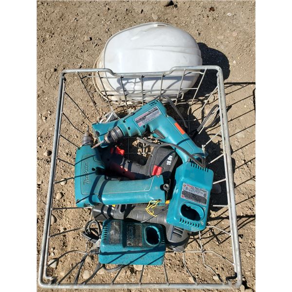 BASKET OF DRILLS, CHARGERS & 2 HARD HATS