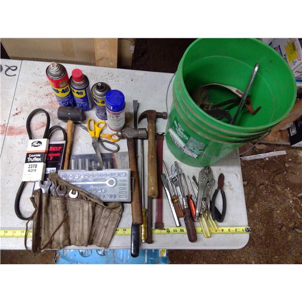 Bucket of Misc. Tools - Hammers, Wrenches, Screwdrivers