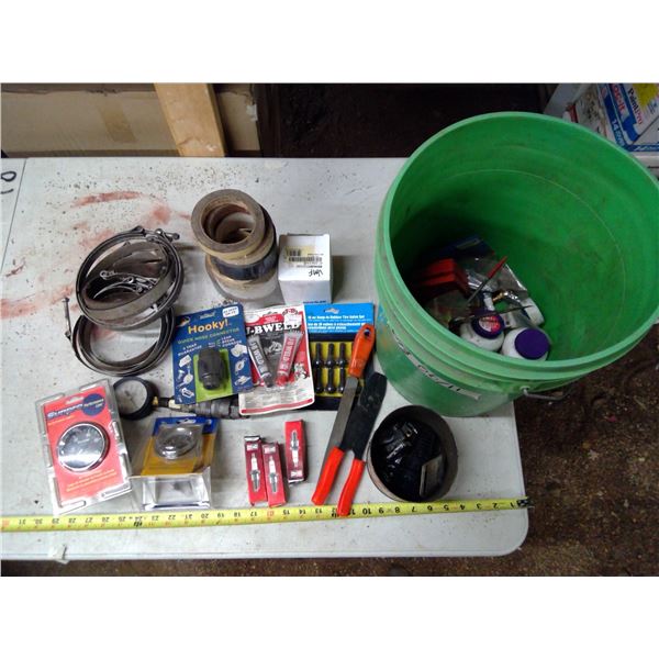 Bucket of Misc. - Gauges, Metal Brackets, Tape, etc.
