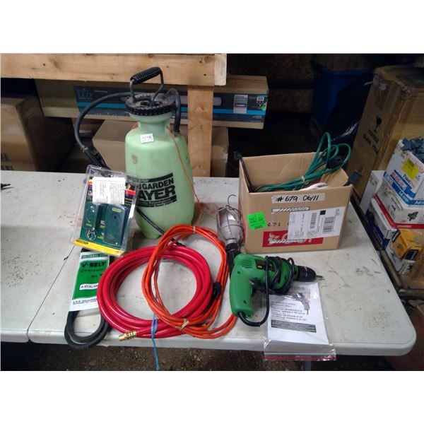 Turf Sprayer, Drill, Keychain Transmitter, Light, Extension Cords