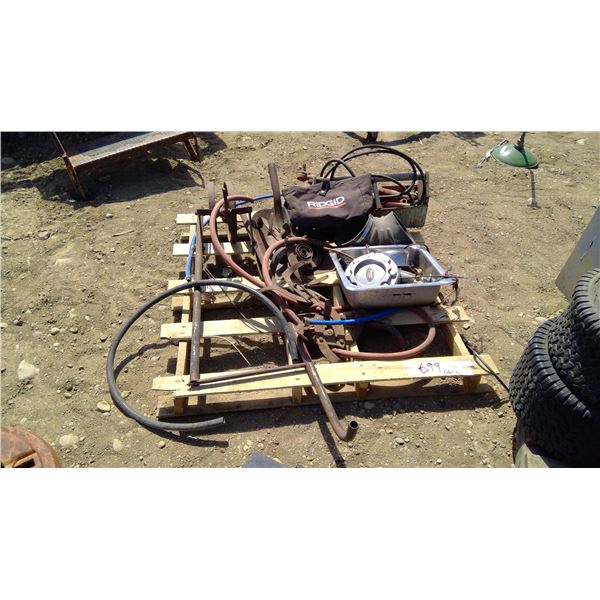 Pallet of Shovels, Tines, Toolbox w/ Automotive Related Items