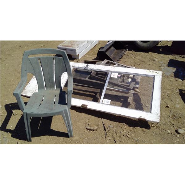 Pallet of Windows, Door, and Plastic Chair