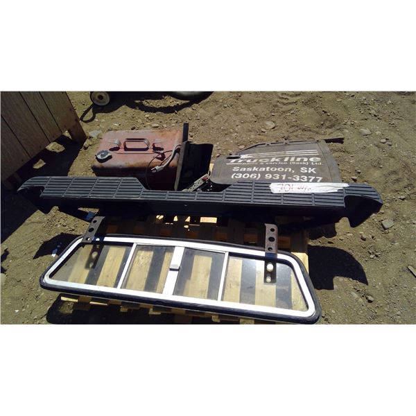Pallet of Bumper, Window, Fuel Can, and Mud Flap