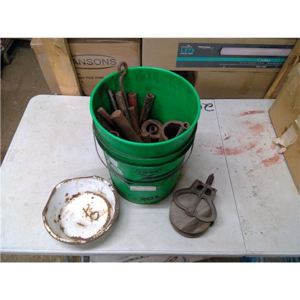 Bucket of Wooden Pully and Metal Pipes