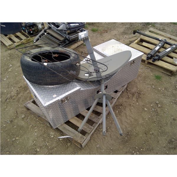Pallet of Misc. - Truck Toolbox, Satellite Dish, Tire