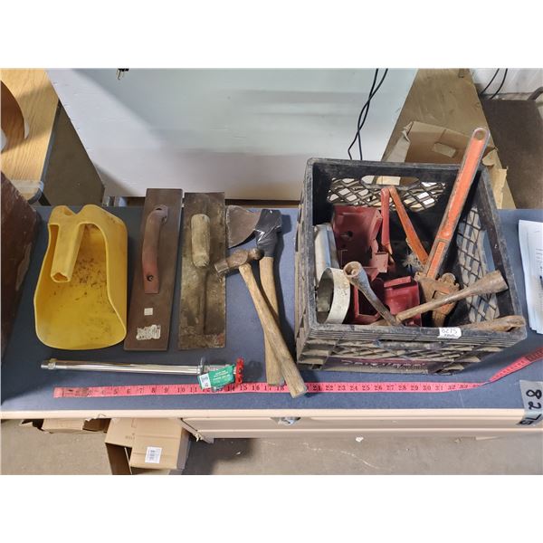 BLACK MILK CRATE FULL OF TOOLS - HAMMER, HATCHET, SPPED WRENCH, TROWELS, ETC