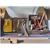 Image 1 : BLACK MILK CRATE FULL OF TOOLS - HAMMER, HATCHET, SPPED WRENCH, TROWELS, ETC