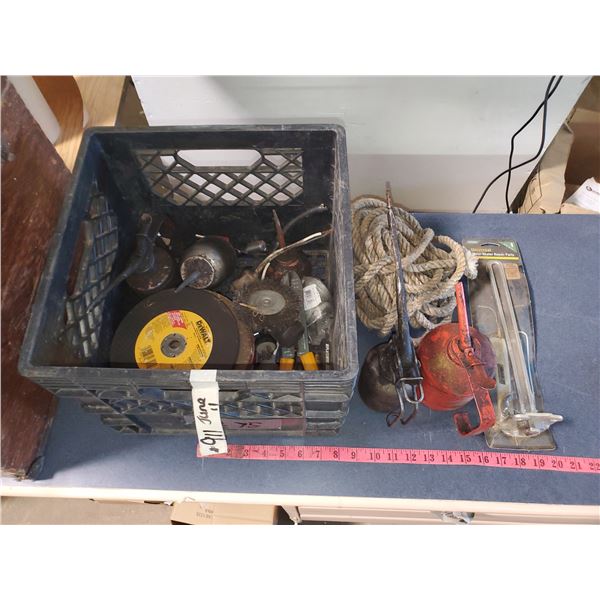 BLACK MILK CRATE FULL OF TOOLS - OILERS, GRINDING DISCS, ROPE