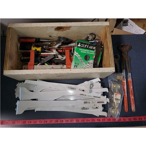 WOODEN BOX W/ SHELF ARMS, SCREWDRIVERS, CLIPPERS