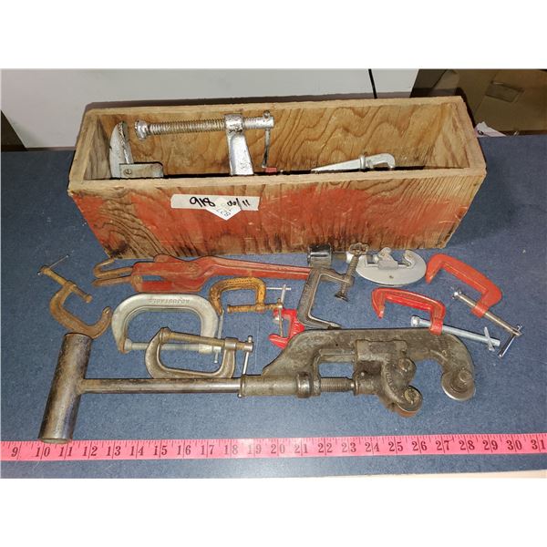 WOODEN BOX W/ CLAMPS & PIPE CUTTERS