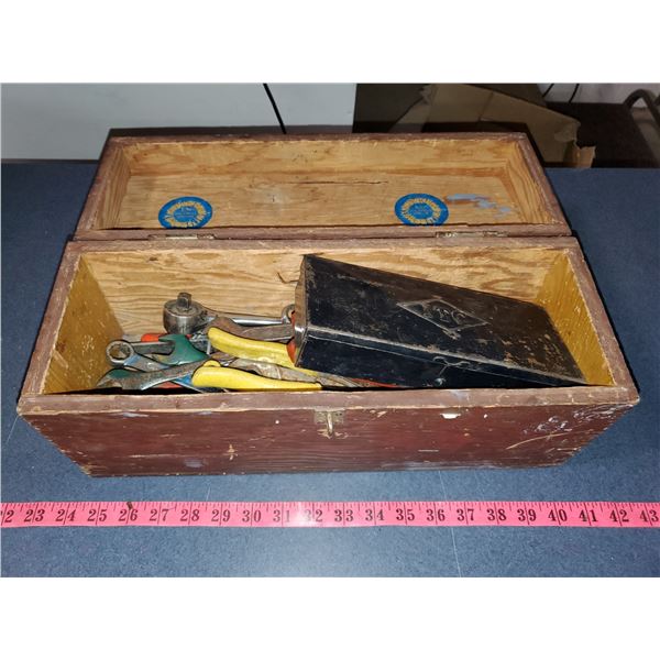 WOODEN TOOLBOX FILLED W/ TOOLS