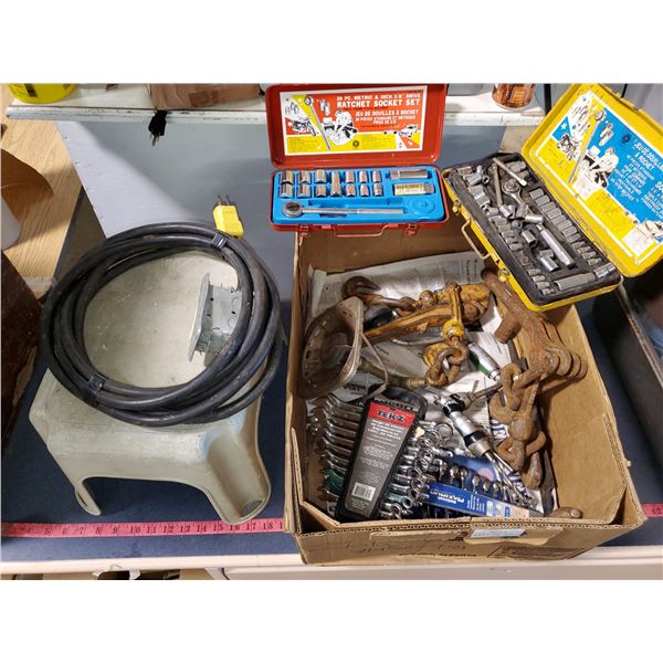 BOX FULL OF TOOLS - SOCKETS, CHAIN TIGHTENERS, WRENCHES & STEP STOOL