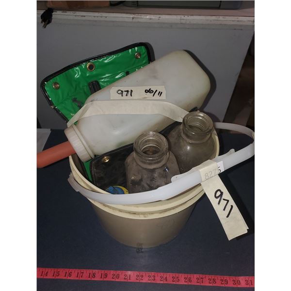 WHITE PAIL W/ MILK BOTTLES, MISC TOOLS