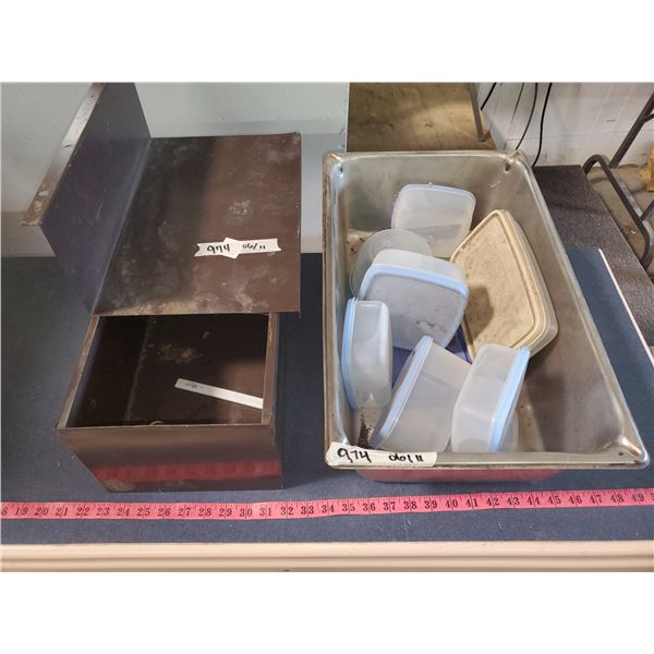 METAL TUB W/ FOOD STORAGE CONTAINERS & METAL CABINET?