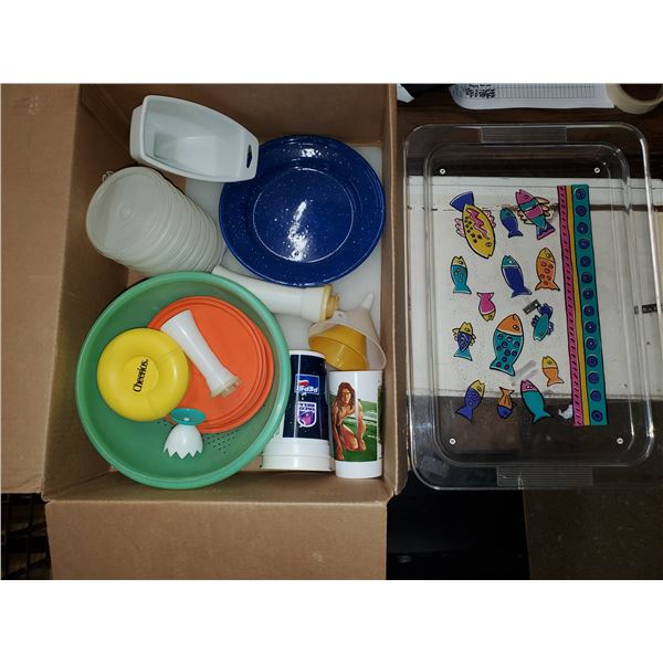 BUCKET W/ MISC KITCHEN ITEMS - TRAY, TUPPERWARE, ETC