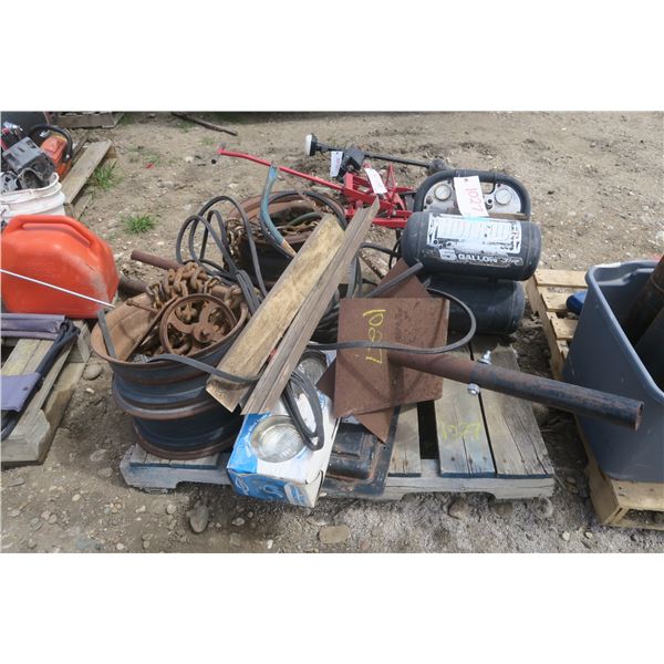 Pallet of misc. - Rims, Belts, Lights, Compressor, etc.