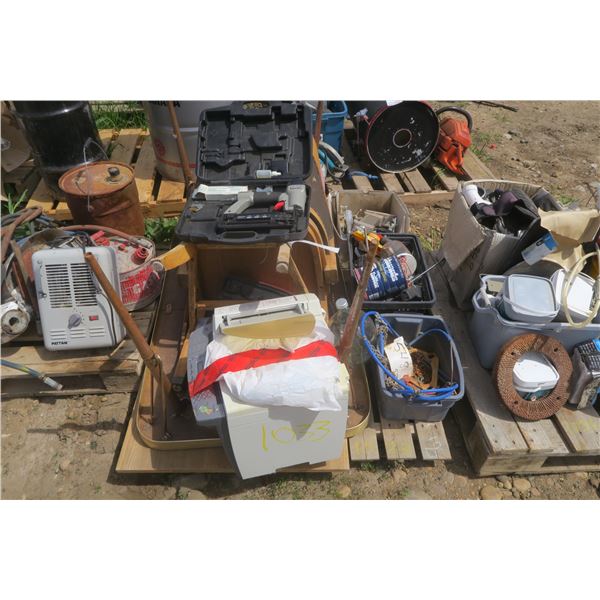 Pallet of misc. - Table, Chair, Printer, Nail Gun, etc.