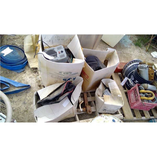 Pallet of Misc. - Hitches, Toolbox, Misc. Tins, etc.