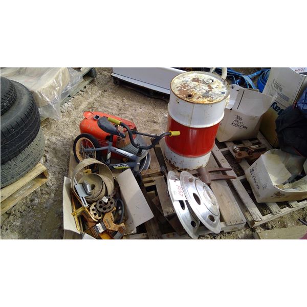 Pallet of Oil Barrel, Hub Caps, Pickaxe Heads, Bike, etc.