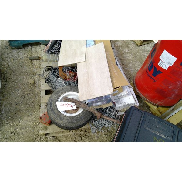 Pallet of Chain Link Fence, Flooring, Wire, Wheelbarrow Wheel