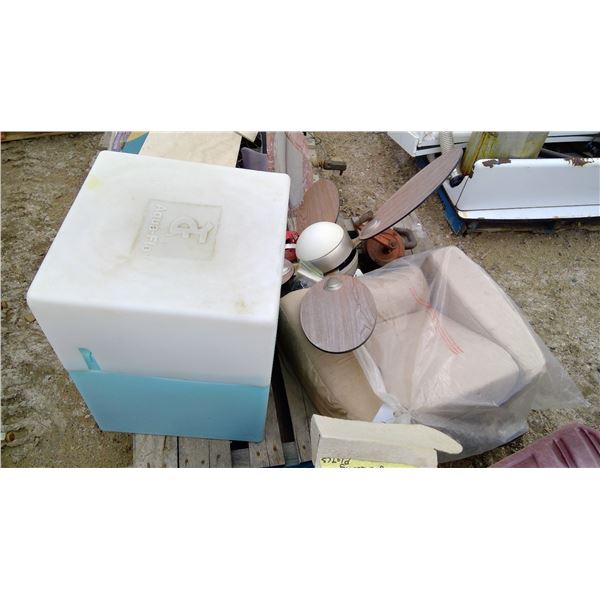 Pallet of Aqua-Flo Tank, Rotary Drum Pump, Ceiling Fan