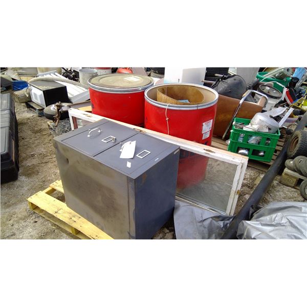 Pallet of Filing Cabinet, Window, Barrels/Drums