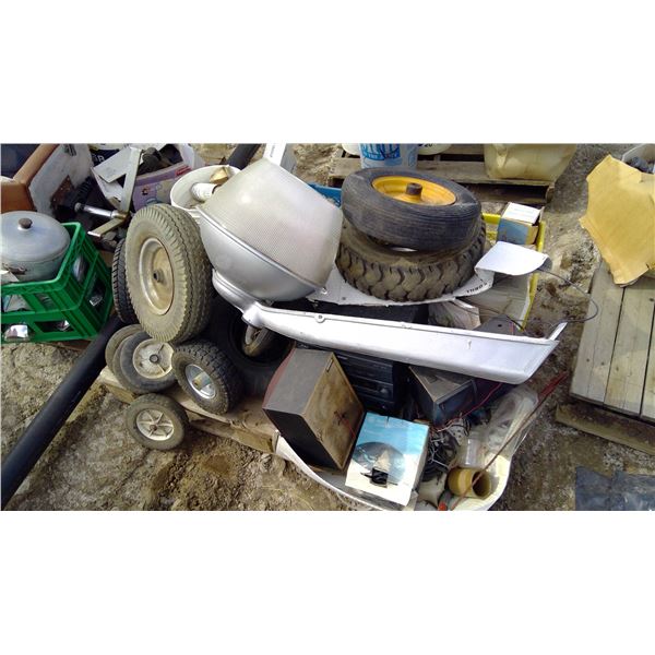 Pallet of Assorted Tires, Speakers, Misc. Spray Cans