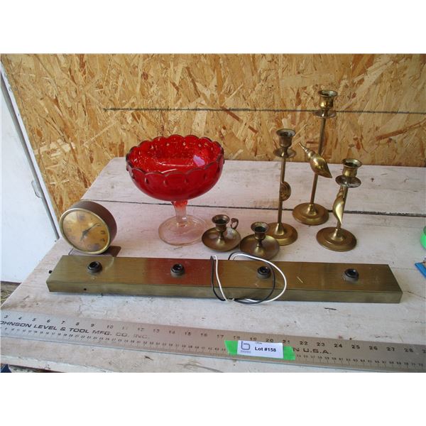Clock, red glass dish, brass items