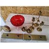 Image 3 : Clock, red glass dish, brass items