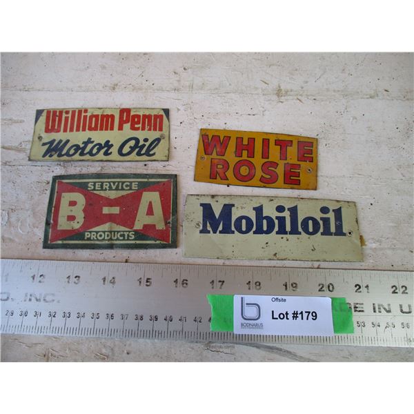 (4) Oil tags B/A, Mobil oil, white rose, william penn