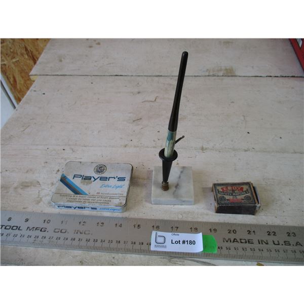 Mix lot, fountain pen + stand, tobacco tin, eddy matchbox