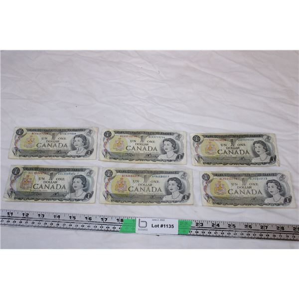 Canadian One Dollar Bills (6)