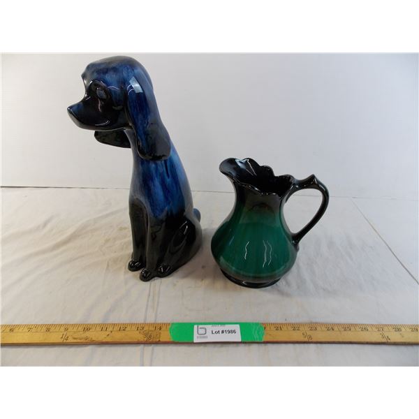 Blue mountain water pitcher + blue and black ceramic dog