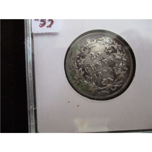 1892 VF VICTORIAN KEY DATE CANADA SILVER QUARTER