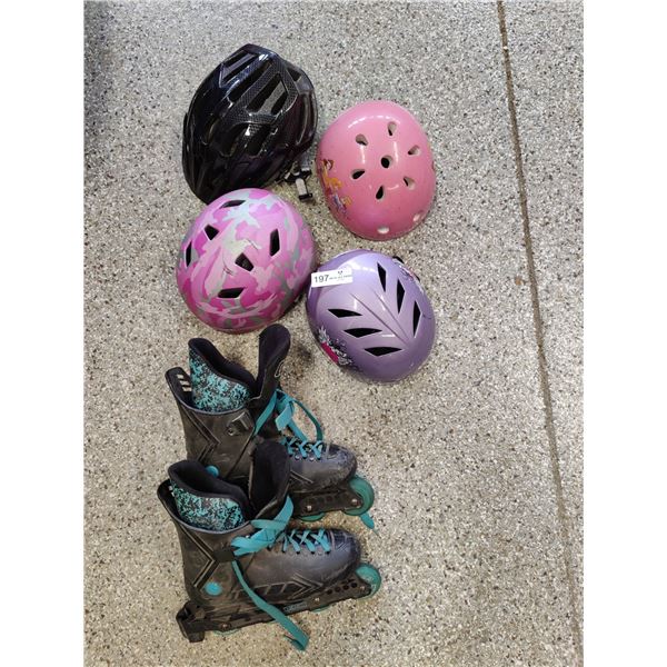Rollerblades and Assorted Helmets