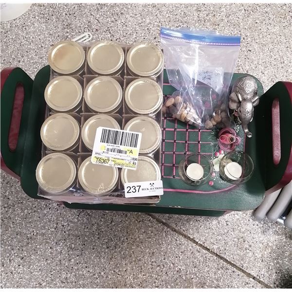 Hand-Painted Shoe Rack with 12 Mason Jars and Assorted Home Decor