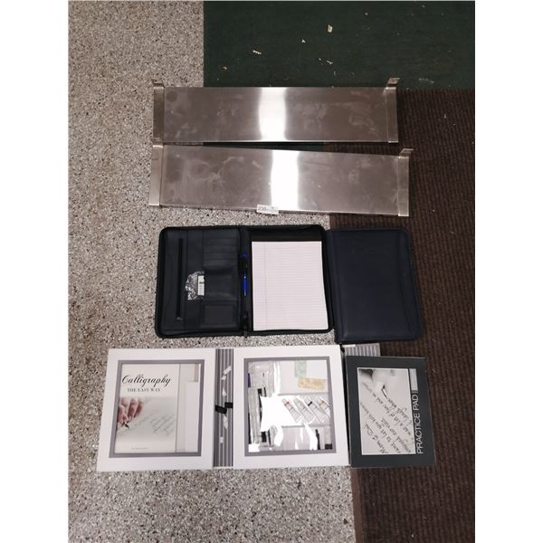 Two Wall-Mounted Metal Shelves with Calligraphy Set and Two Notepad Organizers with Calculators