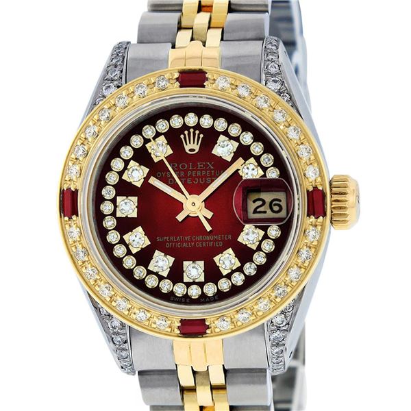 Rolex Ladies 2 Tone Red Vignette String Diamond Lugs & Ruby Datejust Wriswatch