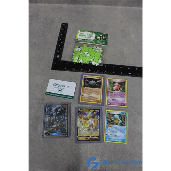 (4) Pokemon, (1) Digimon Cards and McNally Gifts Card ($20) and Glow in the Dark Stars