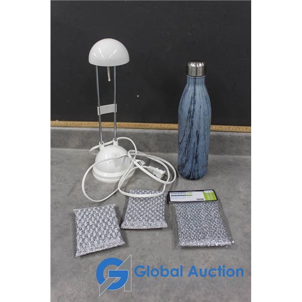 (3) Water Bottle, Desk Lamp and Dish Scrubbies