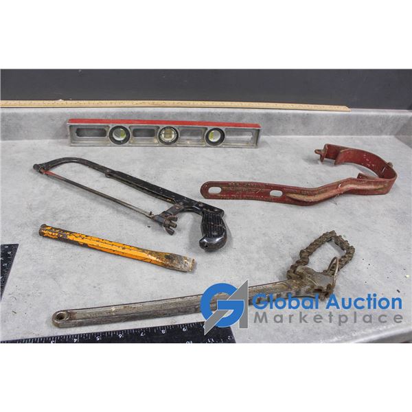 Hacksaw, Chisel, Chain Oil Filter Wrench, Short Aluminum Level, etc