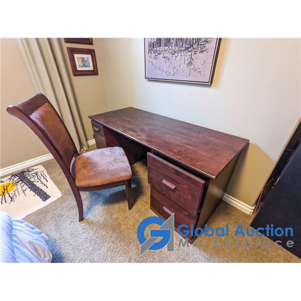 Cherry Finished Double Pedastal Wooden Desk w/ Wooden Padded Chair