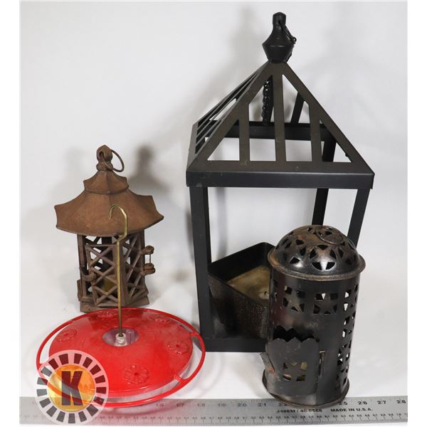 ESTATE BOX OF CANDLE HOLDERS AND A BIRD FEEDER