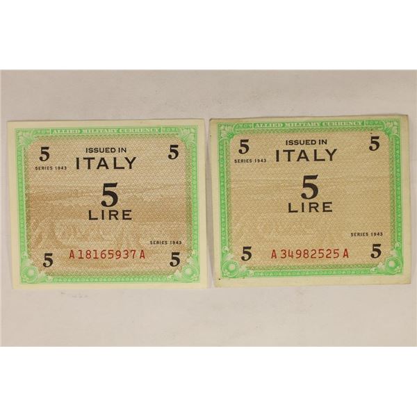 2-1943 ITALY ALLIED MILITARY CURRENCY: 5 LIRE CU