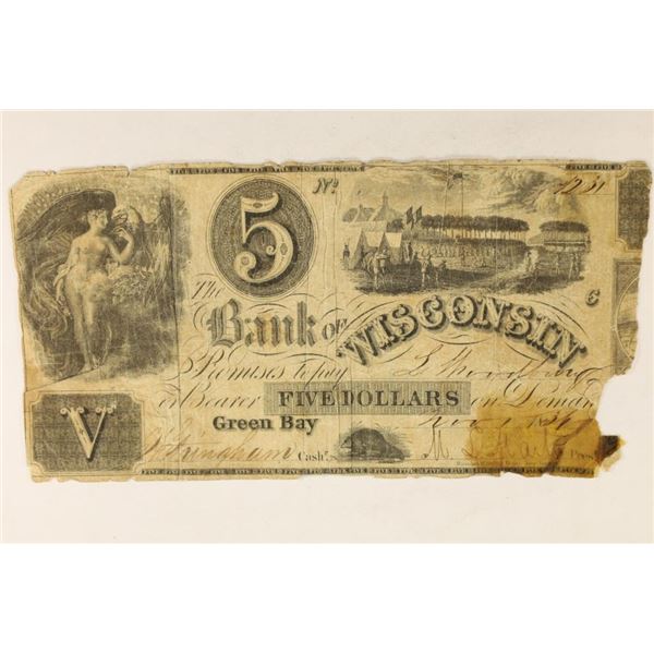 CIRCA 1800'S THE BANK OF WISCONSIN $5 OBSOLETE